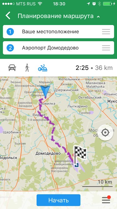 maps.me строит маршрут для велосипеда
